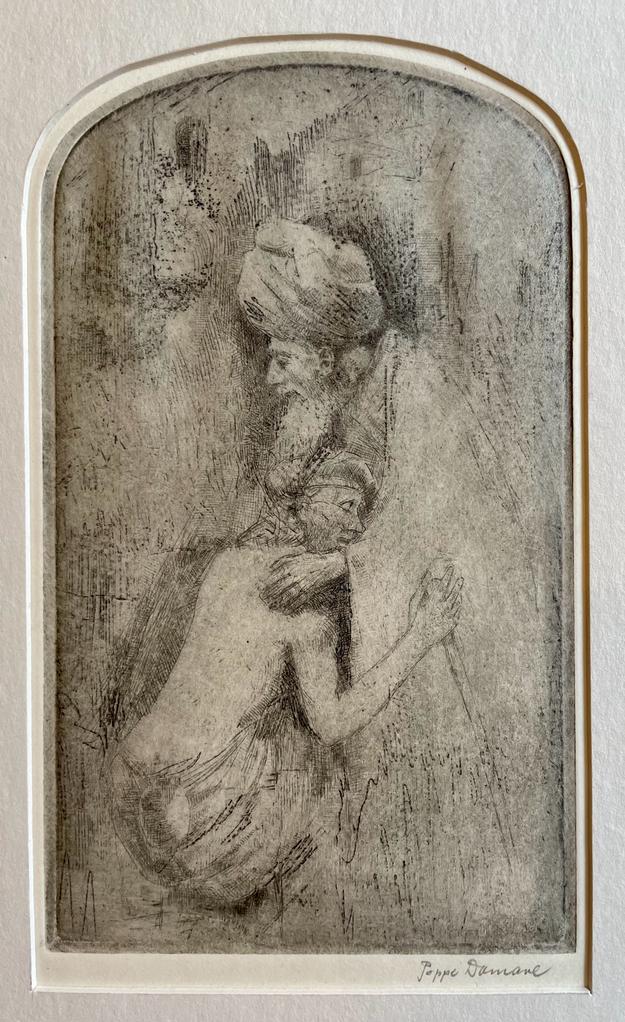 Antique Etching (Dry Point)ca 1936-1988 - Two Men with Turbans - P. Damave