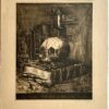 Modern etching I Vanitas still life with skull and book, 1 p.