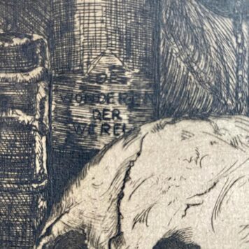 Modern etching I Vanitas still life with skull and book, 1 p.