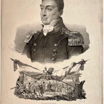Portrait print of Joseph Marquis de Lafayette with soldiers.