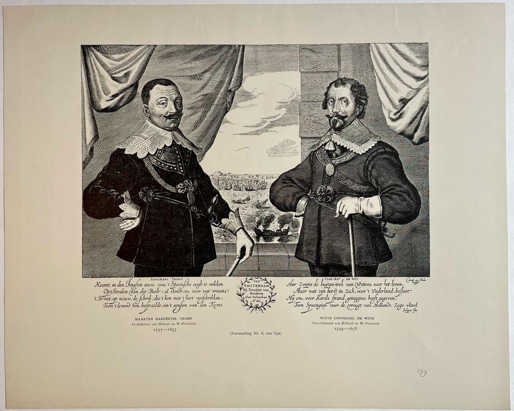  - [Reproduction, 120th century] Portrait print of admirals Maarten H. Tromp and Cornelisz. Witte de With, ca 1940-1945.