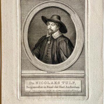 Portret prent van Nicolaes Tulp Amsterdam door Houbraken naar Pothoven en Rembrandt.