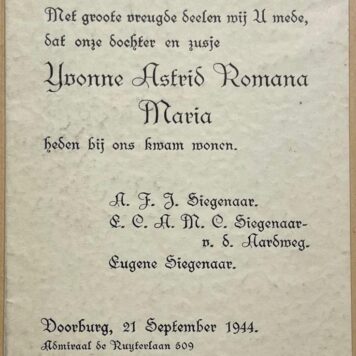 Birth announcement for Yvonne Astrid Romana Maria Siegenaar 1944