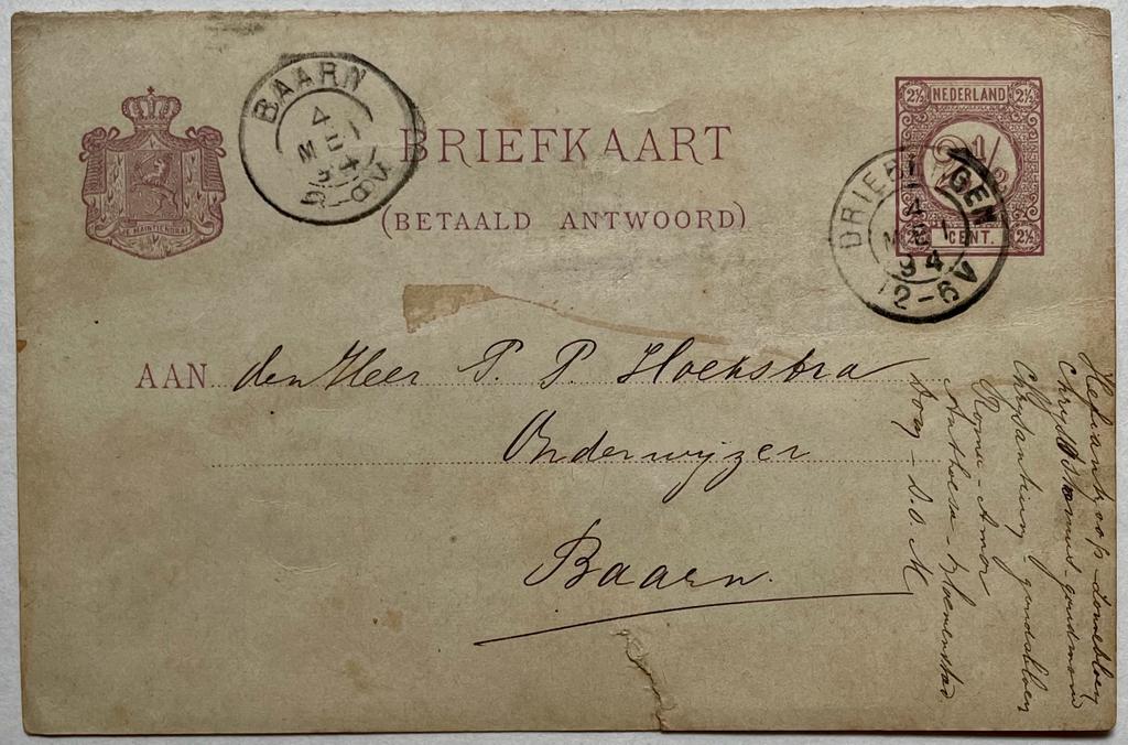  - Postcard manuscript 1894 I Briefkaart van Schaepman, d.d. Driebergen 1894, aan P.P. Hoekstra, onderwijzer te Baarn. Manuscript.