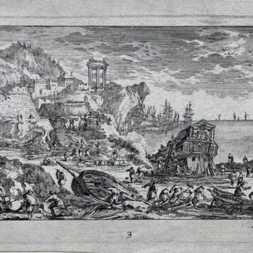 Print Harbor scene with the Sybil temple of Tivoli by Pierre Mariette II after Perelle.