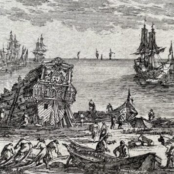 Print Harbor scene with the Sybil temple of Tivoli by Pierre Mariette II after Perelle.