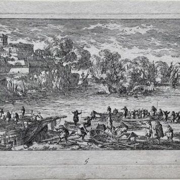 Print Harbor scene with sea battle by Pierre Mariette II after Perelle.