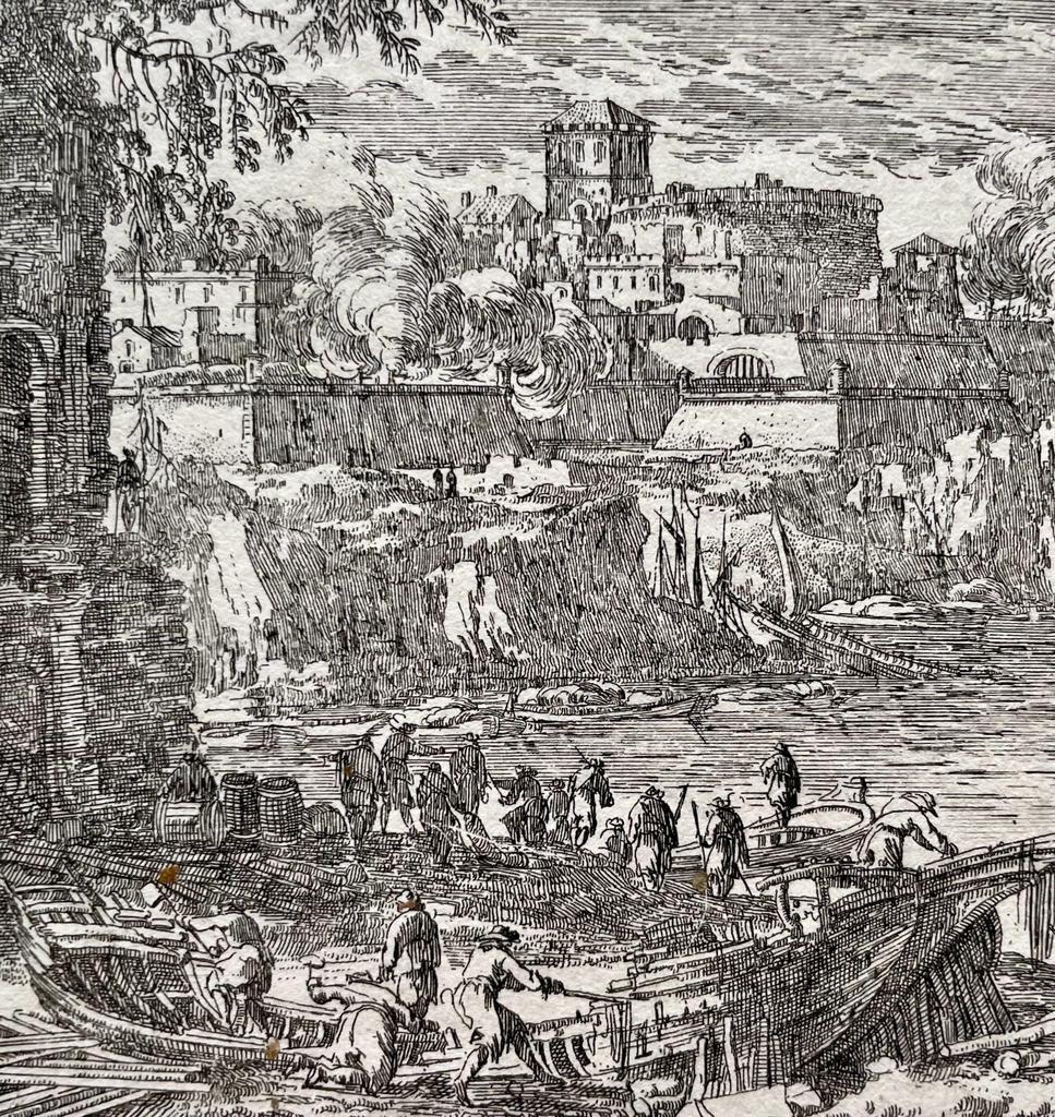 Print Harbor scene with sea battle by Pierre Mariette II after Perelle.