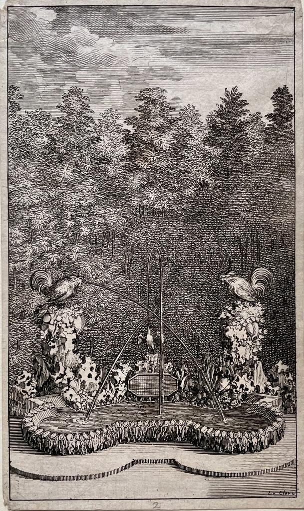 Print the Versaille fountain Roosters and the Partridge by Leclerc 1677.