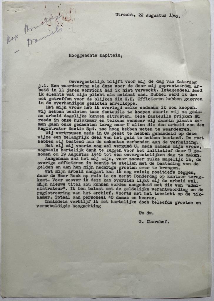 Letter of G. Ibershof d.d. Utrecht 1940