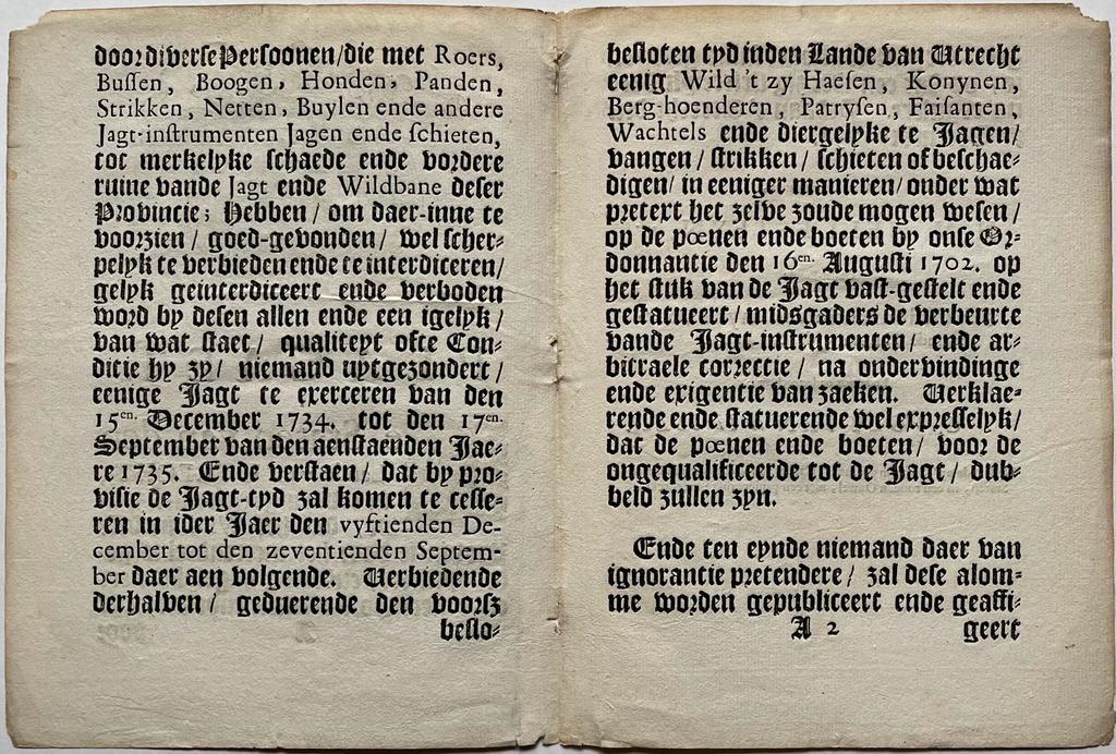 [Pamphlet hunting 1734] Placaat van de Staten van Utrecht d.d. 1-12-1734.
