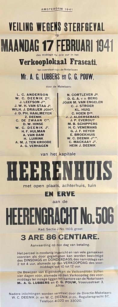 Auction announcement veiling Herengracht 506 Amsterdam 1941.