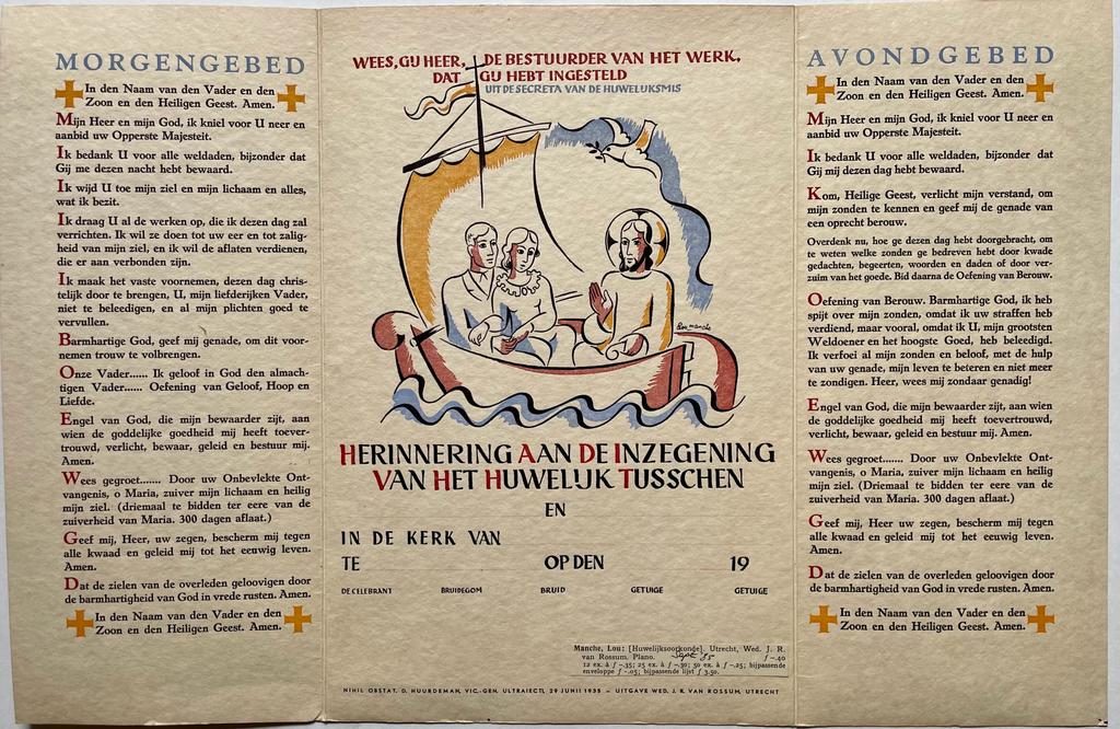  - [Marriage announcement 1935] Huwelijksoorkonde. Published by wed. J.R. van Rossum, Utrecht, design Lou Manche, ca. 1935.