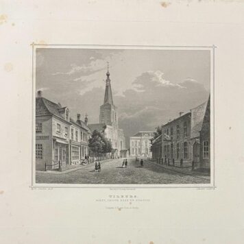 Lithografie van Tilburg, markt, groote kerk en stadhuis.