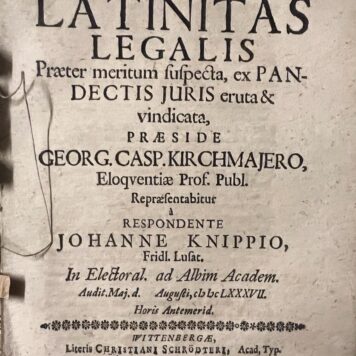 Latinitas legalis praeter meritum suspecta, ex Pandectis Juris eruta & vindicata [...] Wittenberg Christian Schroedter 1687