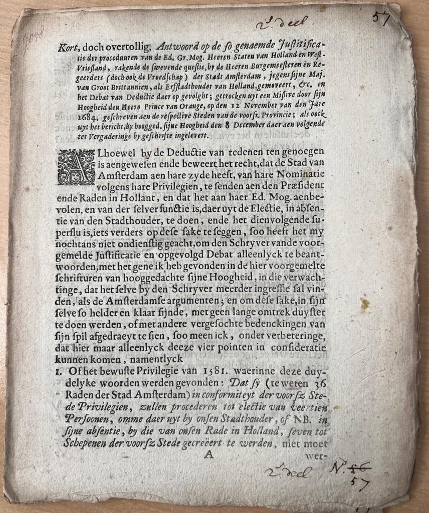N.N. - Pamphlet [1690] Kort, doch overtollig, antwoord op de so genaemde Justificatie, Groot Brittanien, debat van deductie etc. Aert Dirksz. Oossaen, Amsterdam [1690], 8 pp.