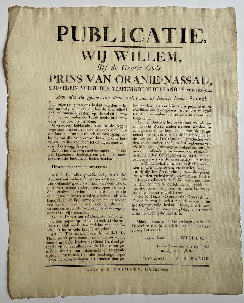 Publication / Affiche 1813 coloniale producten waaronder Tabak en Zout