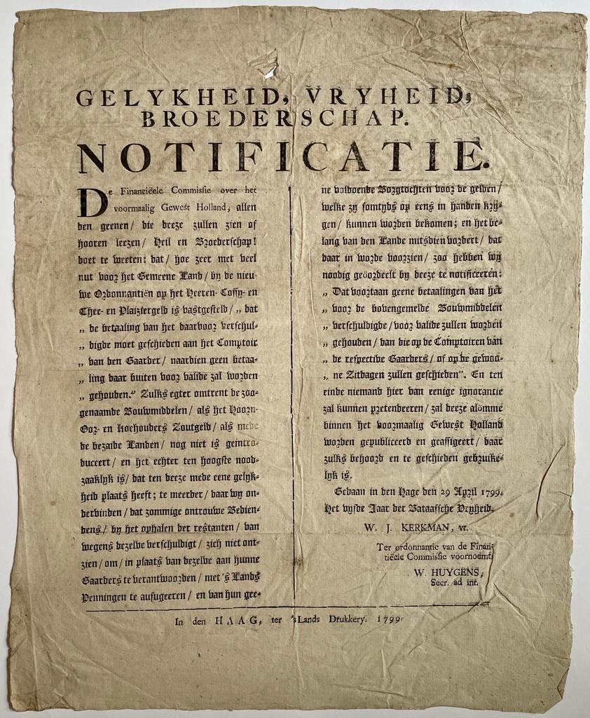 Publication, plano, Gelykheid Vryheid Broederschap Notificatie 1799.