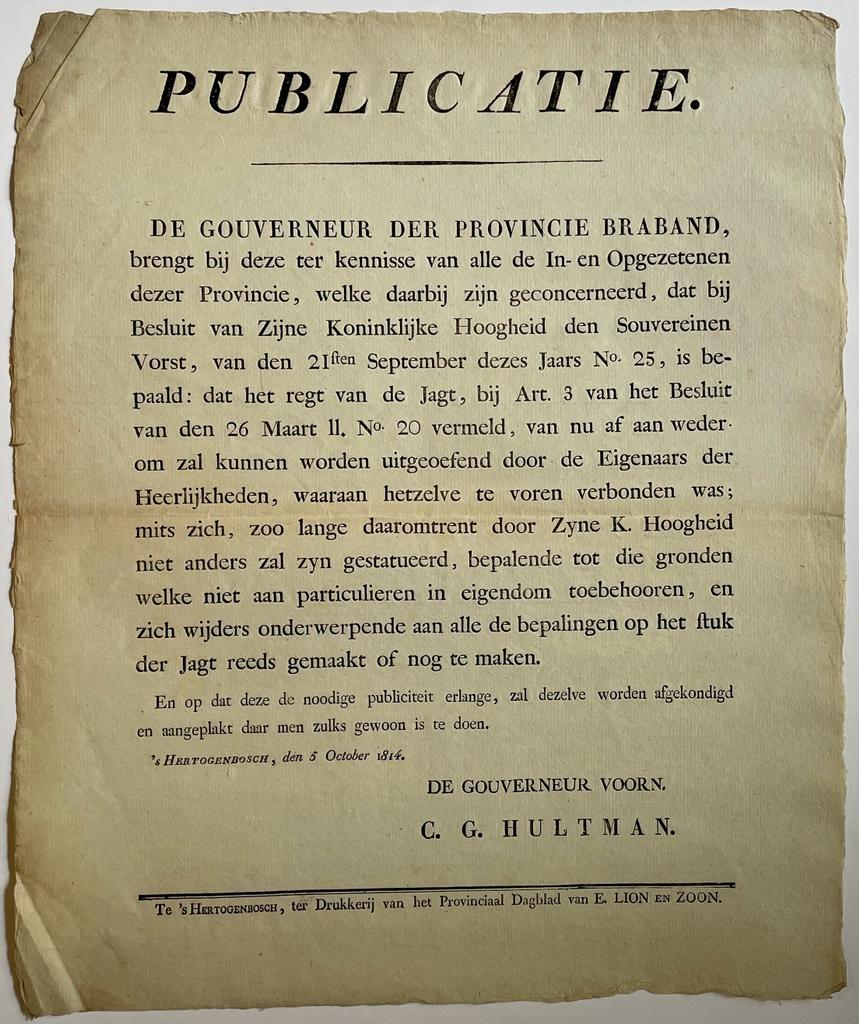 Publication / Affiche 1813 Brabant | Publicatie. Regt van de Jagt 1814 plano
