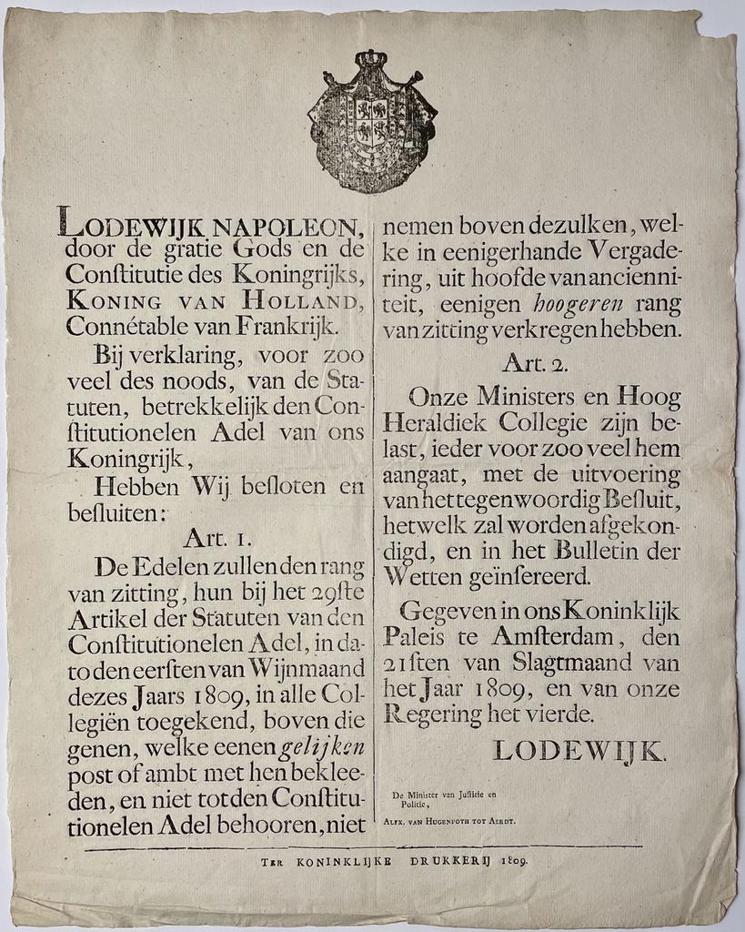 Publicatie Lodewijk Napoleon betreffende de adel in Nederland 1809