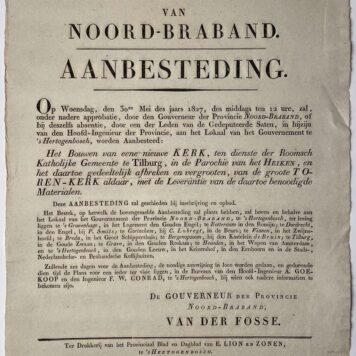 Gouvernement van Noord-Braband. Aanbesteding re Nieuwe kerk Tilburg 1827