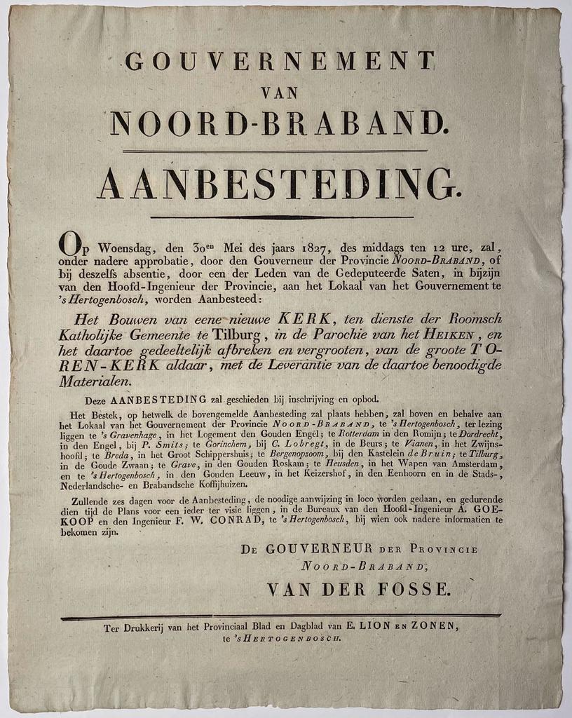 Gouvernement van Noord-Braband. Aanbesteding re Nieuwe kerk Tilburg 1827