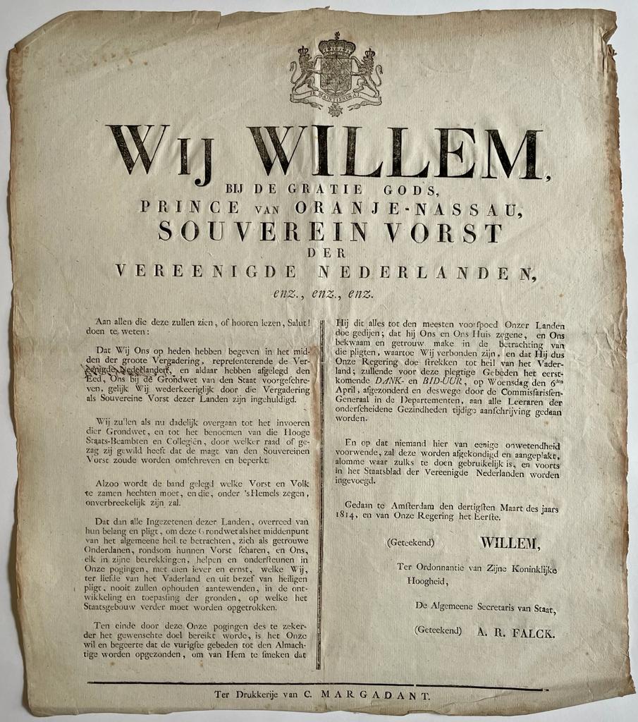 Wij Willem invoeren grondwet plechtige gebeden dank- en bid-uur 1814