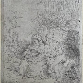 Print Rest on the flight to Egypt by Fleming after Rembrandt 1859.