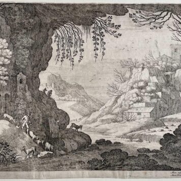 Antique print Italian landscape from a grotto by Willem van Nieulandt II.