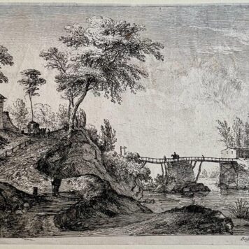Antique print Landscape with a wooden bridge by Jean Jacques de Boissieu.