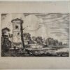 Antique print A ferry with sheep near a tower in a river landscape