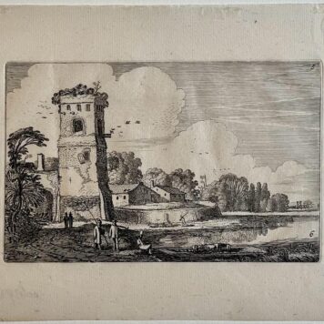 Antique print A ferry with sheep near a tower in a river landscape