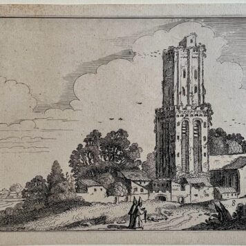 Antique print Dilapidated church-tower surrounded by houses