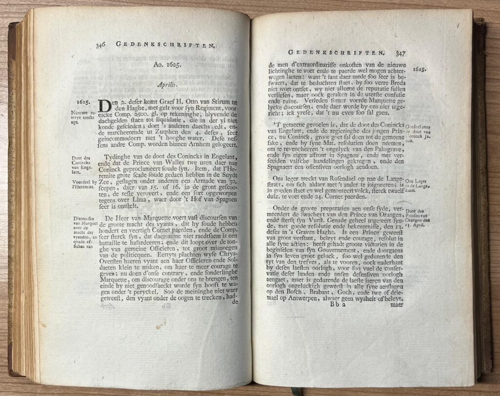 Two Volumes, 1777-8, Memoirs | Gedenkschriften van Jonkheer Alexander van der Capellen, Heere van Aartsbergen, Boedelhoff, en Mervelt, [...] beginnende met den jaare 1621, en gaande tot 1632; [...] Utrecht, J. v. Schoonhoven en Comp., 1777, 2 parts.