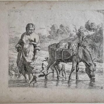 Antique print Woman and donkey in shallow waters by Karel du Jardin