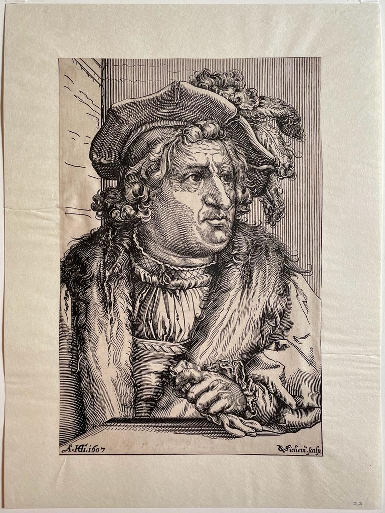Antique print Man with plumed hat by Christoffel van Sichem I.