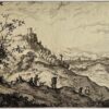 Antique print Landscape with a castle overlooking a valley at right by Visscher