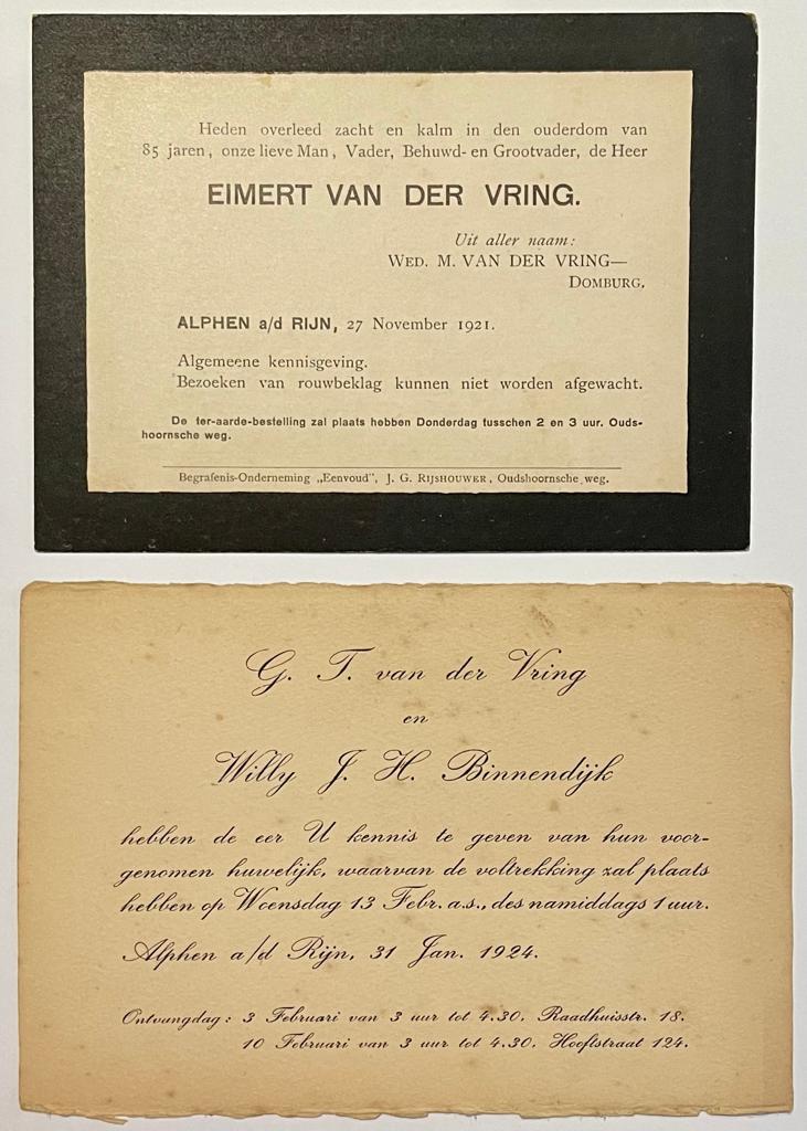  - Printed marriage announcement 1924 | Huwelijksaankondiging van G.T. v.d. Vring en W.J.H. Binnendijk, Alphen 1924, 1 p.