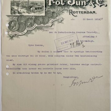 Brief met fraai briefhoofd van firma Fol jr. en Co. te Rotterdam olien en vetten 1915