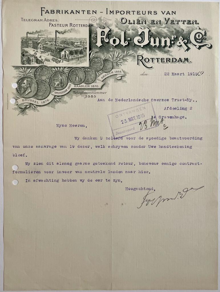  - Letter Rotterdam company 1915 | Brief met fraai briefhoofd van firma Fol jr. en Co. te Rotterdam, olien en vetten, 1915, 1 p.