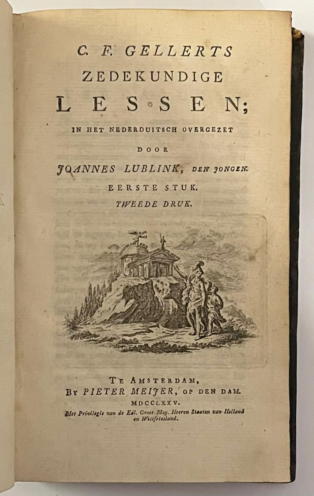 Two volumes, 1775, Translation | Zedekundige lessen, in het Nederduitsch overgezet door J. Lublink den jongen. 2 stukken, 2e druk, Amsterdam, P. Meijer, 1775, 2 vols.