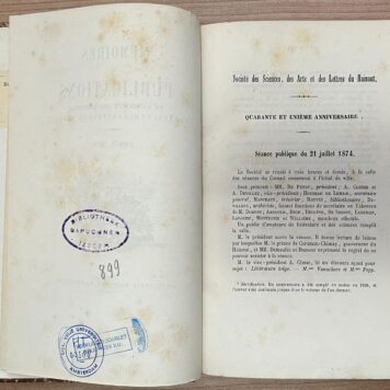 Printed publication, 1867-74, Sciences | Memoires et Publications de La Société des sciences, des arts et des lettres du Hainaut. Mons, Imprimerie Dequesne-Masquillier, 1867-1874, 8 vols.
