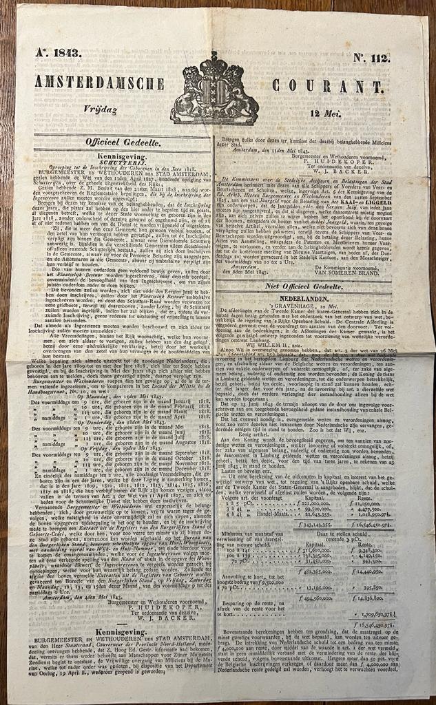  - Newspaper Amsterdam 1843 | Amsterdamsche courant vrijdag 12 mei 1843, no 112, J. van Bonga Amsterdam, 4 pp.