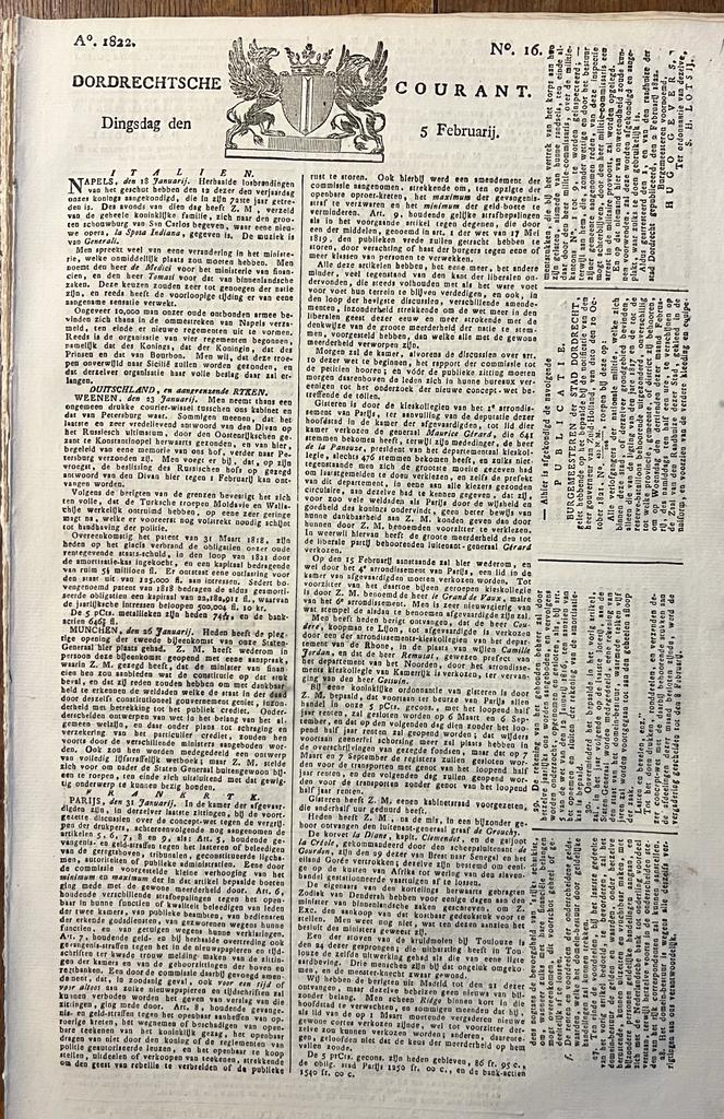  - Newspaper Dordrecht 1822 | Dordrechtsche courant 5 februari 1822, no 16, Bluss & Comp Dordrecht, 1 p.