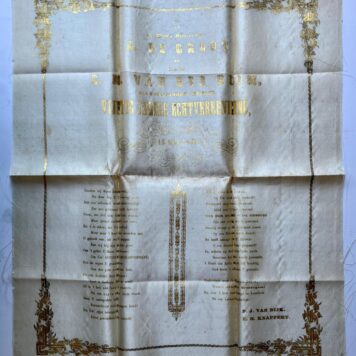Rare, 1850, Silk | Aan den WelEd. Geboren heer A. De groot en vrouwe E.M. Van der heim, bij gelegenheid hunner vijftig jarige echtvereeniging, 13 Mei 1850. Plano, 1 p., gedrukt in goud op zijde.