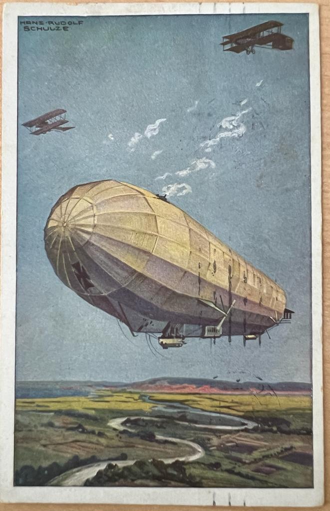 [Zeppelin Postcard] - Aviation, Luchtvaart | Postcard of Zeppelin in landscape, coloured. Made by Hans Rudolf Schulze, 1 p.