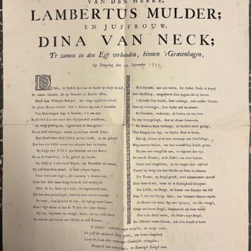 Plano, 1733, Marriage | Ter bruiloft van den Heere Lambertus Mulder en Juffrouw Dina Van neck, te zamen in den egt verbonden binnen 's-Gravenhagen, op dinsdag den 29 september 1733. z.p. Plano