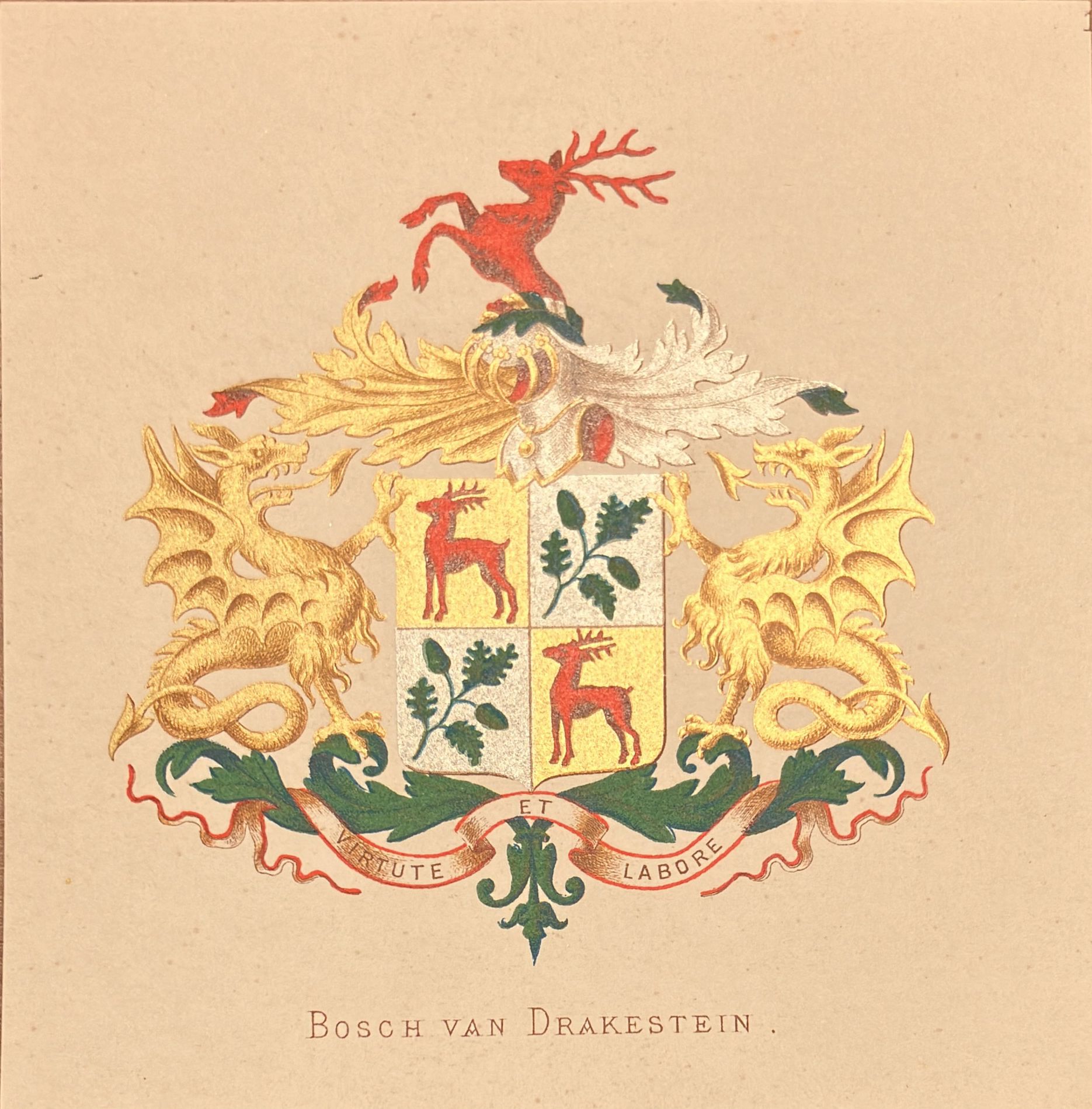 [Heraldic coat of arms] Coloured coat of arms of the Bosch van Drakestein family, family crest, 1 p.
