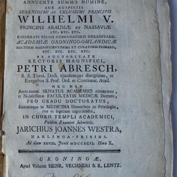Dissertatio chemico-medica inauguyralis, de antimonio [...] Groningen Wed. Henr. Vechnerus & R. Lentz 1792
