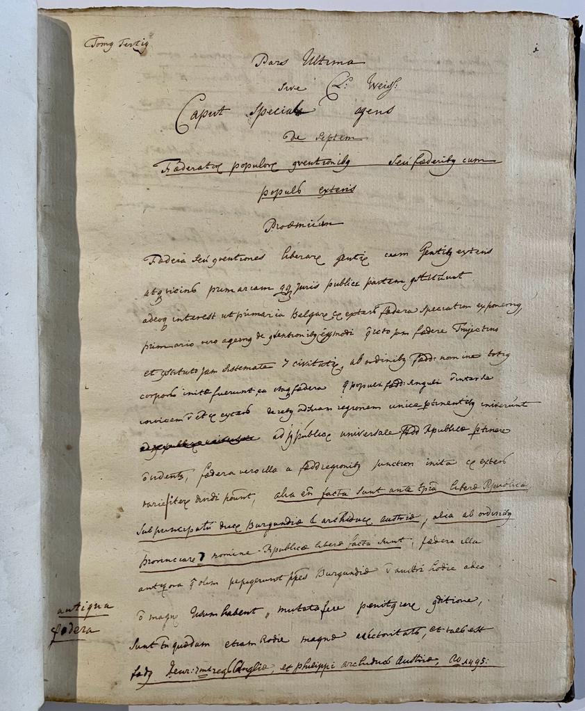 Weiss, Cl. - Manuscript staatsrecht Leiden 18th century | Cl. Weiss, De Foederatorum Belgarum. Manuscript, 4, 69 pag., gebonden in half leer.